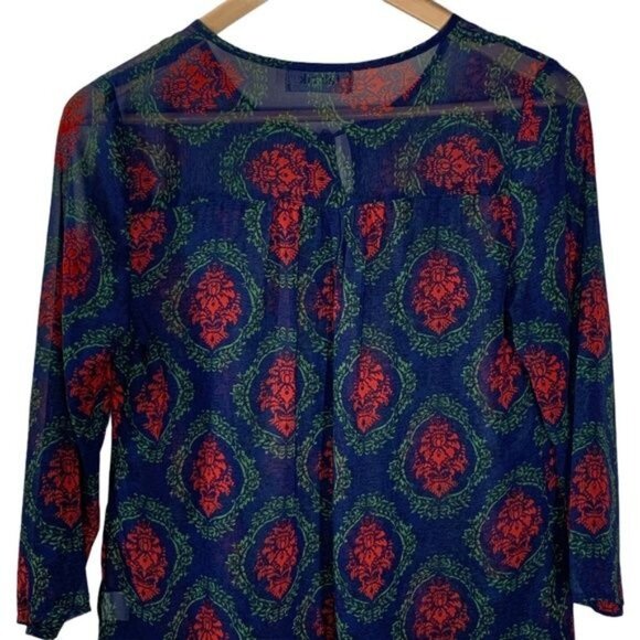 fab’rik Sheer Boho Blouse Blue Red Green Print Women’s Small Lightweight - Picture 8 of 12